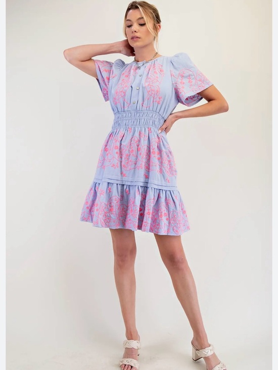 Easel Dresses & Skirts - Easel Light Blue & Pink Embroidered Dress M